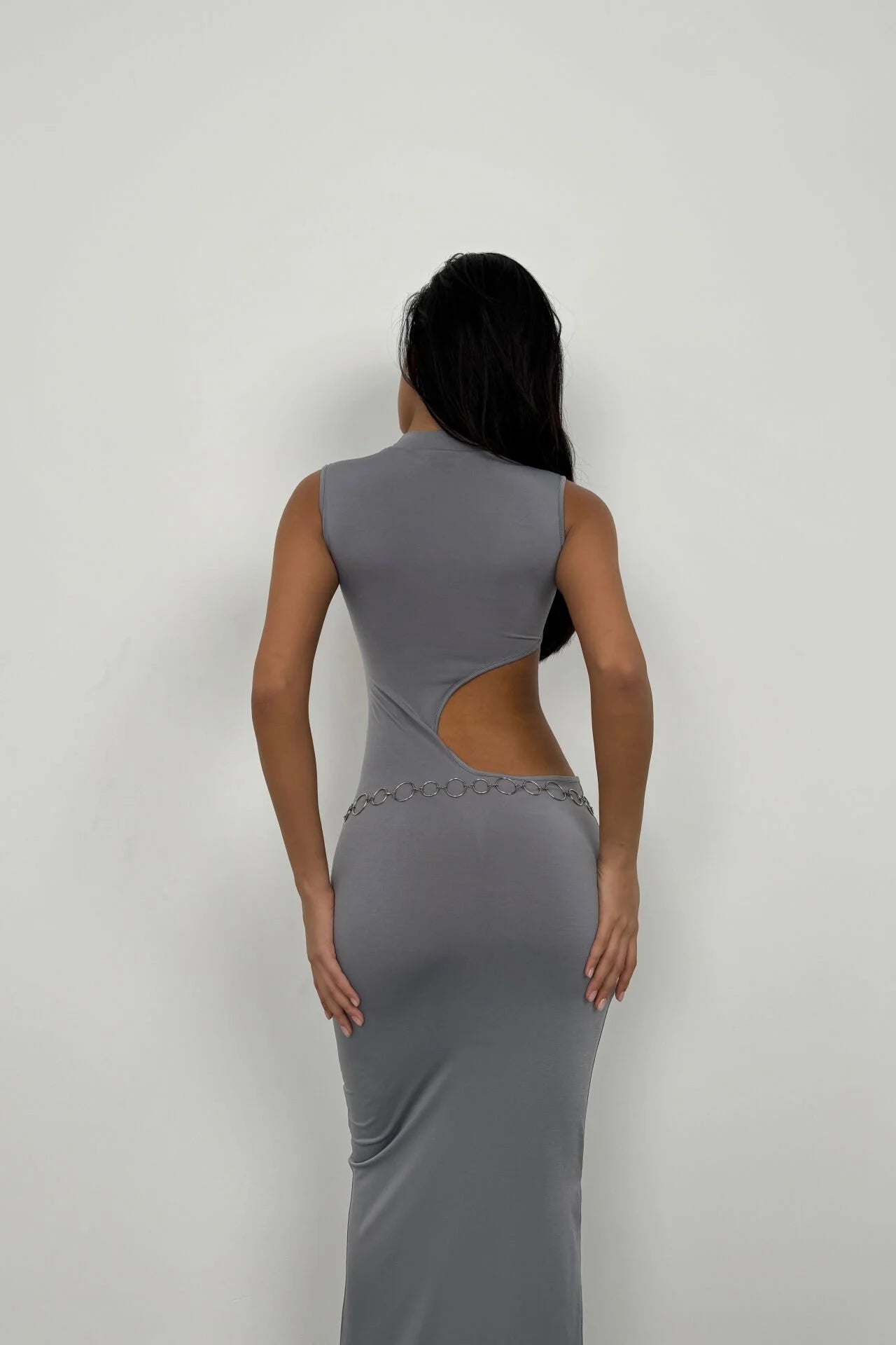 Asymmetric Waist-Belted Grey Maxi Dress