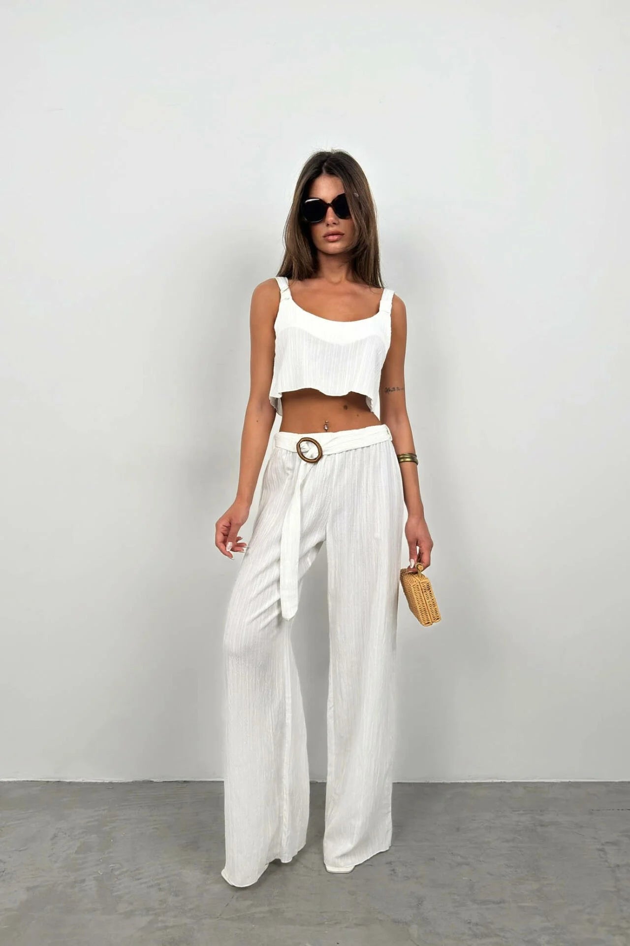 Crop Top and Belted White Trousers Set