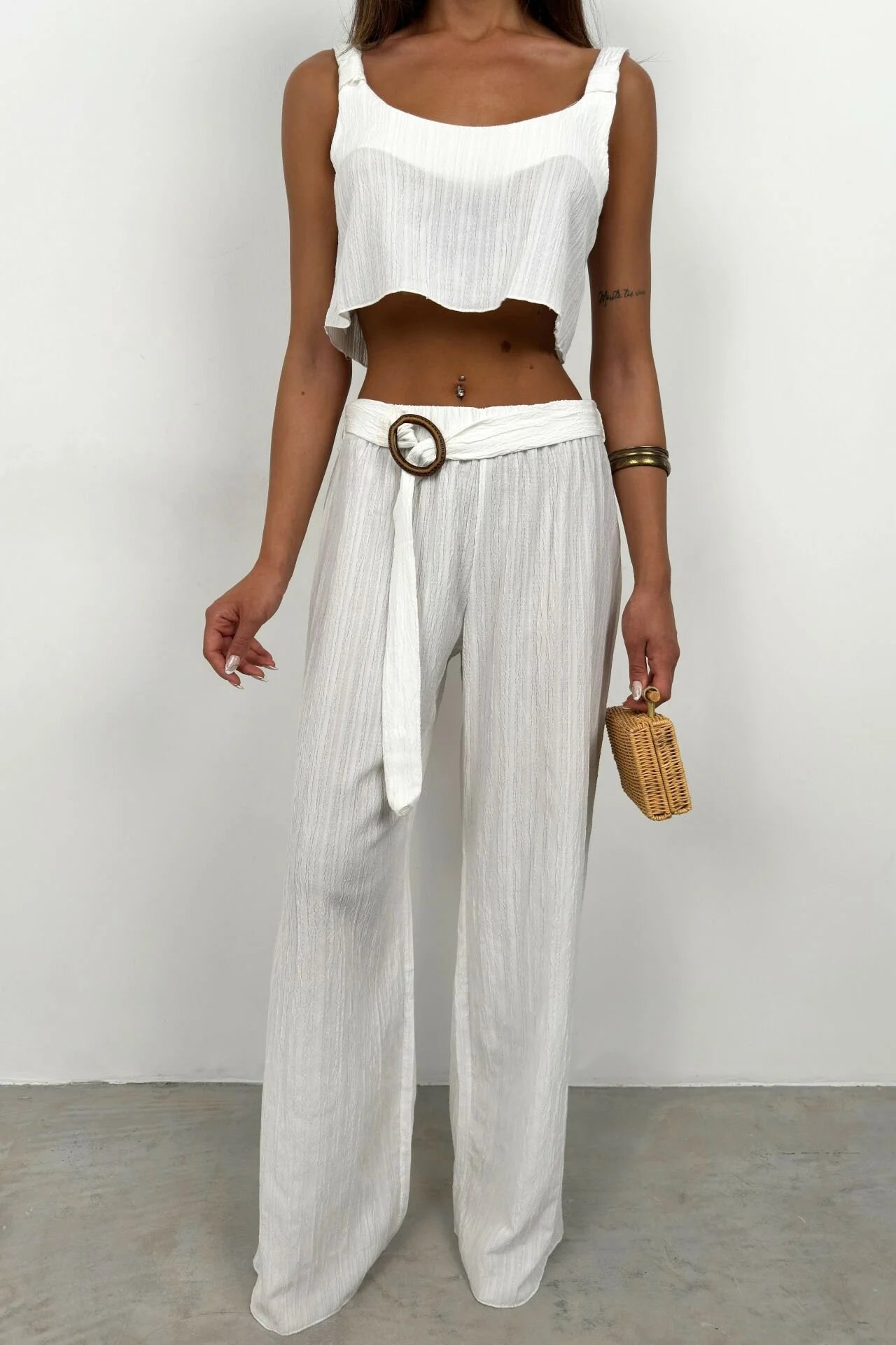 Crop Top and Belted White Trousers Set