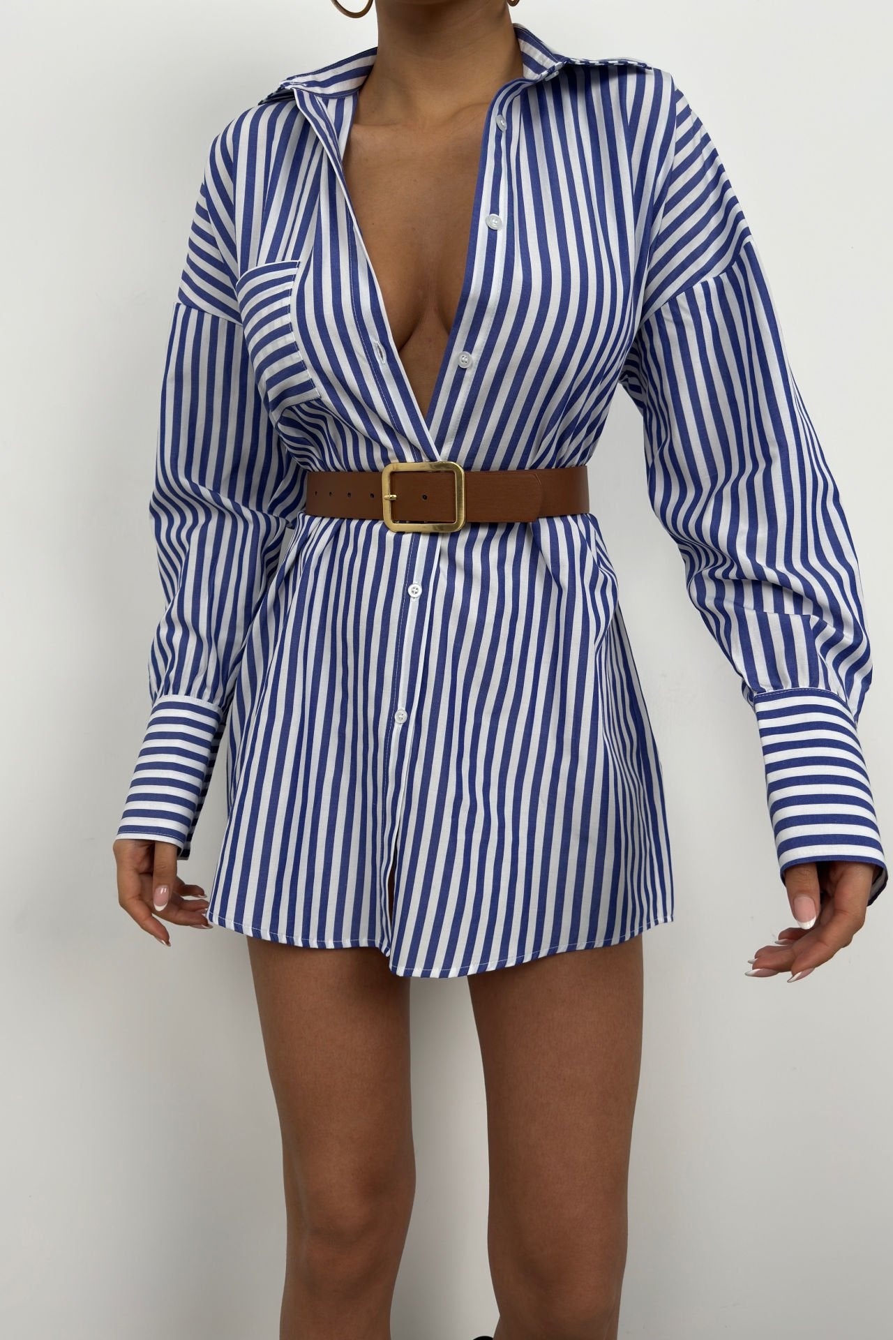 Belted Striped Blue and White Shirt Dress