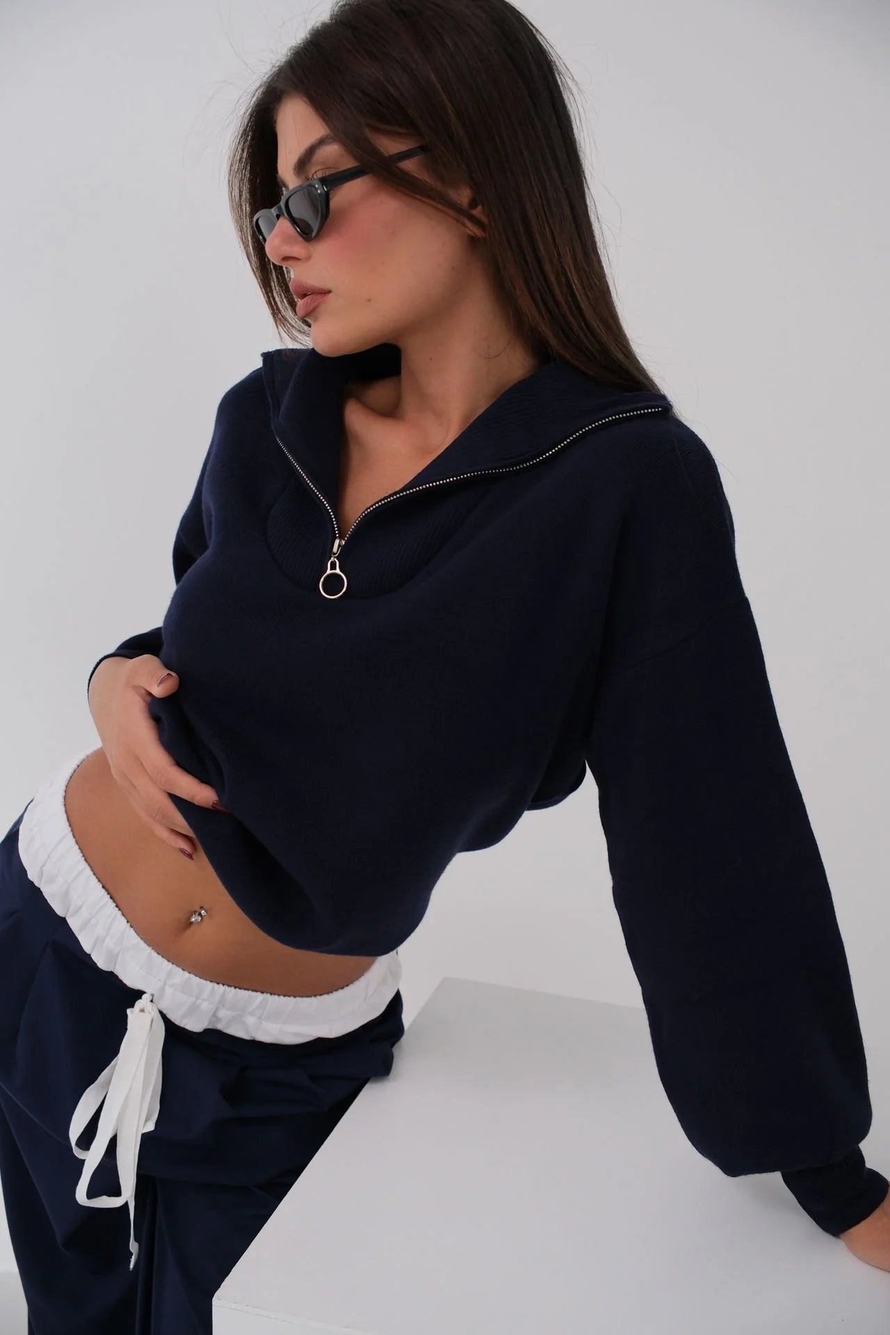 Zip-Up Oversized Navy Knit Sweater