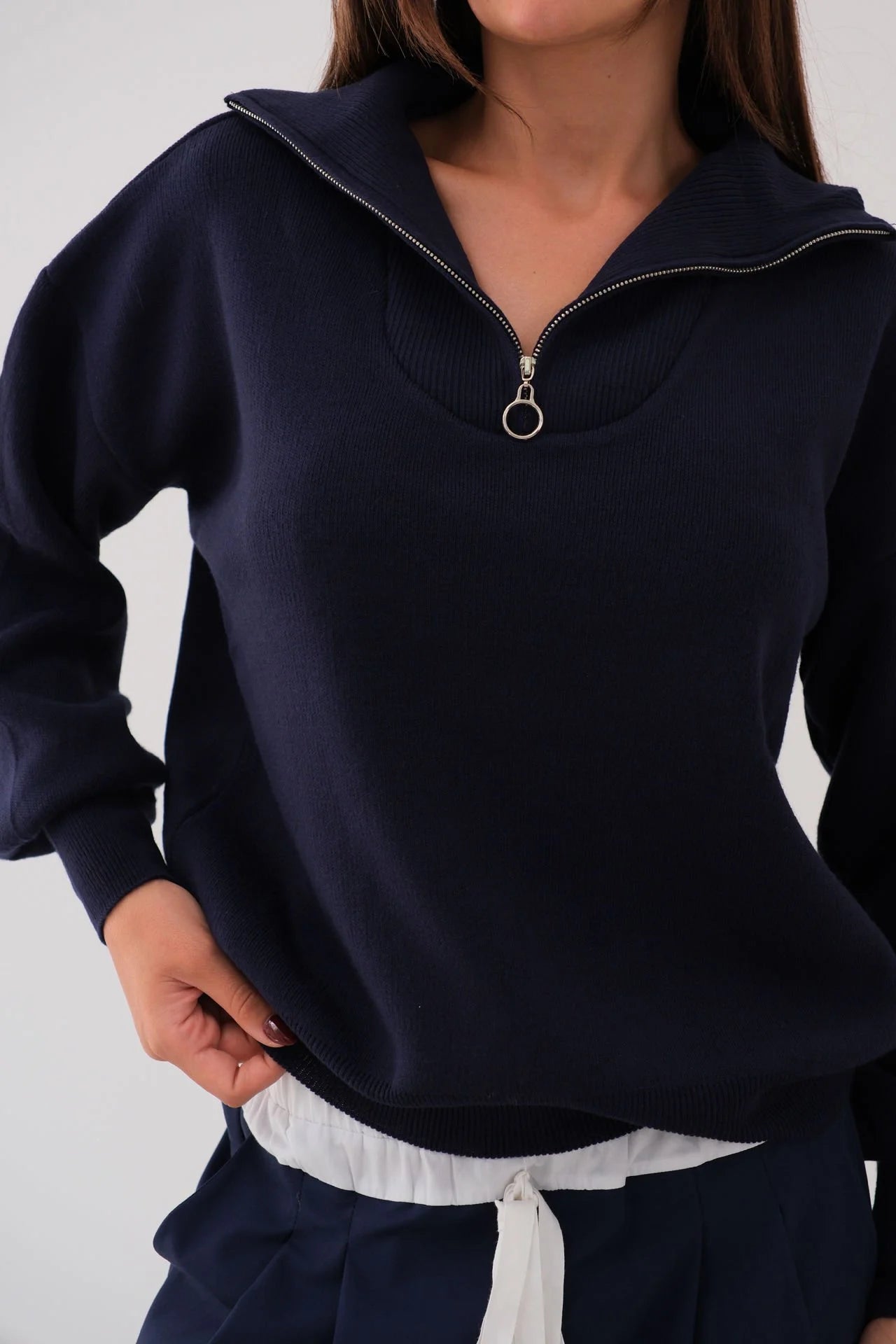 Zip-Up Oversized Navy Knit Sweater