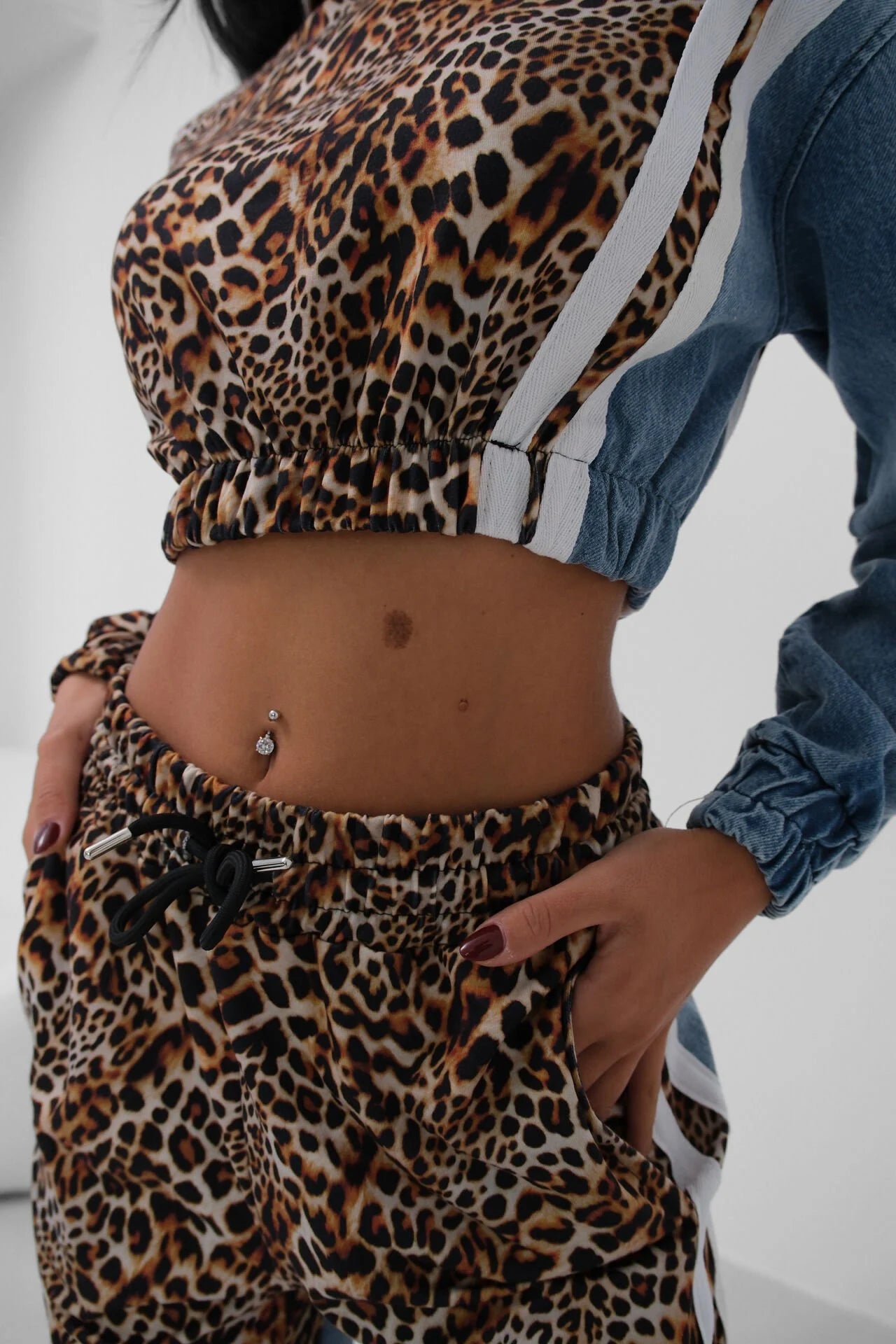 Leopard-Patterned Panel Denim Tracksuit Set