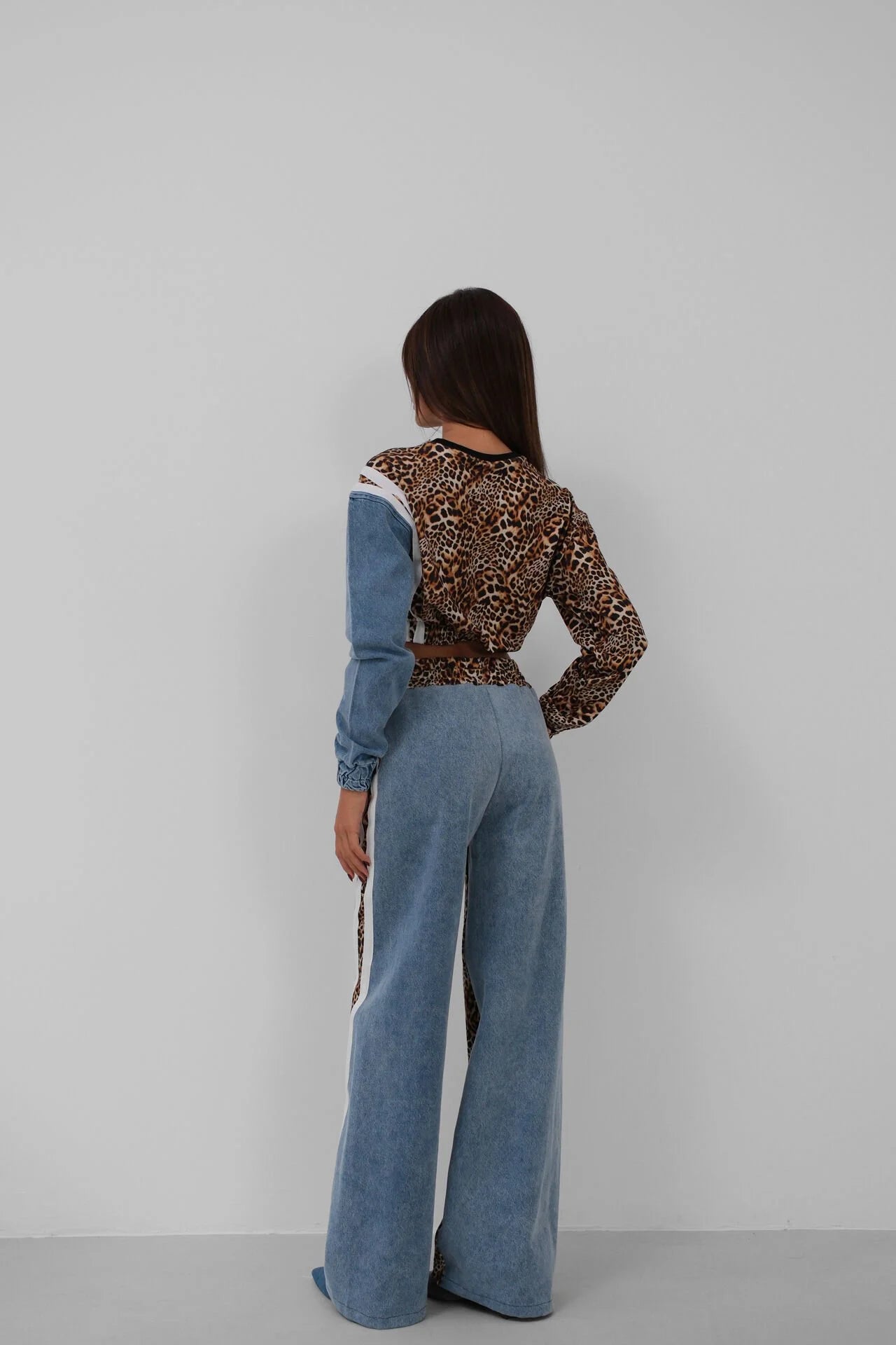 Leopard-Patterned Panel Denim Tracksuit Set