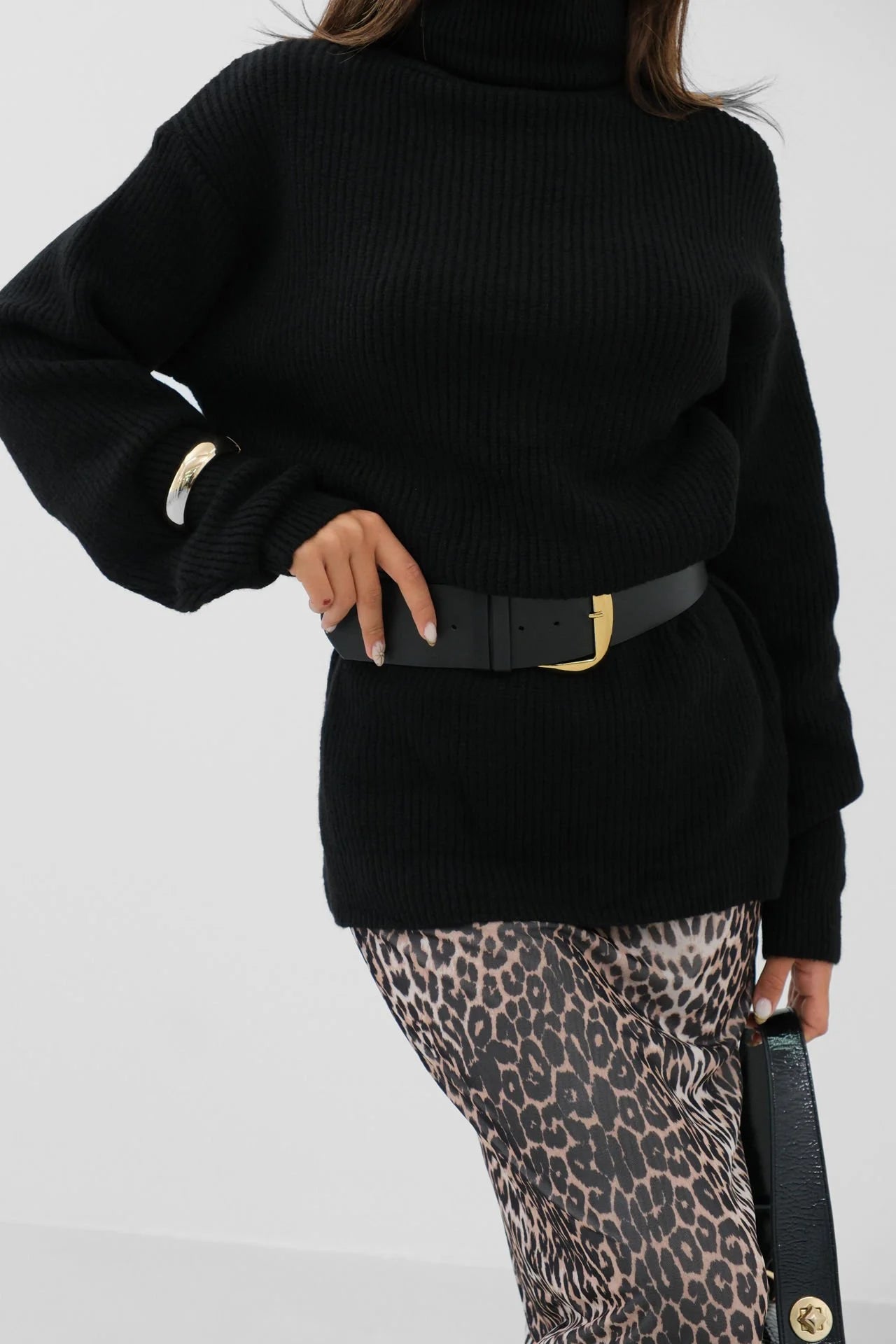 Oversized Black Turtleneck Knit Tunic