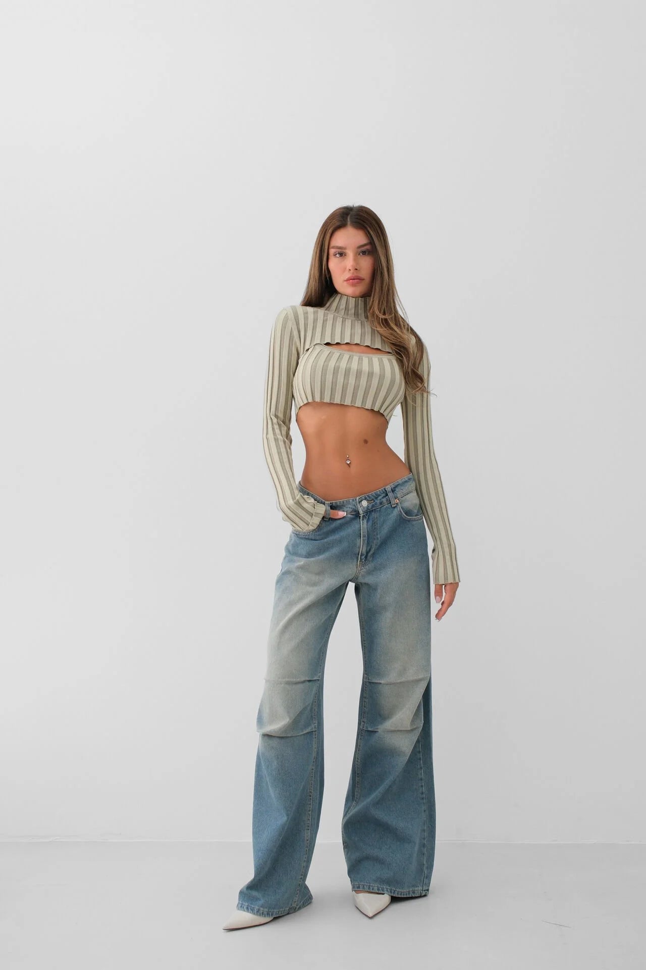 Turtleneck Beige Knit Crop Top