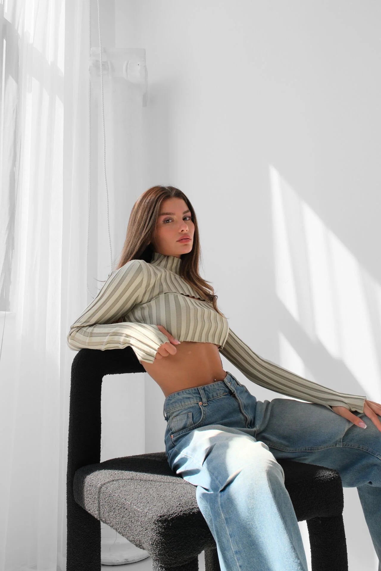 Turtleneck Beige Knit Crop Top