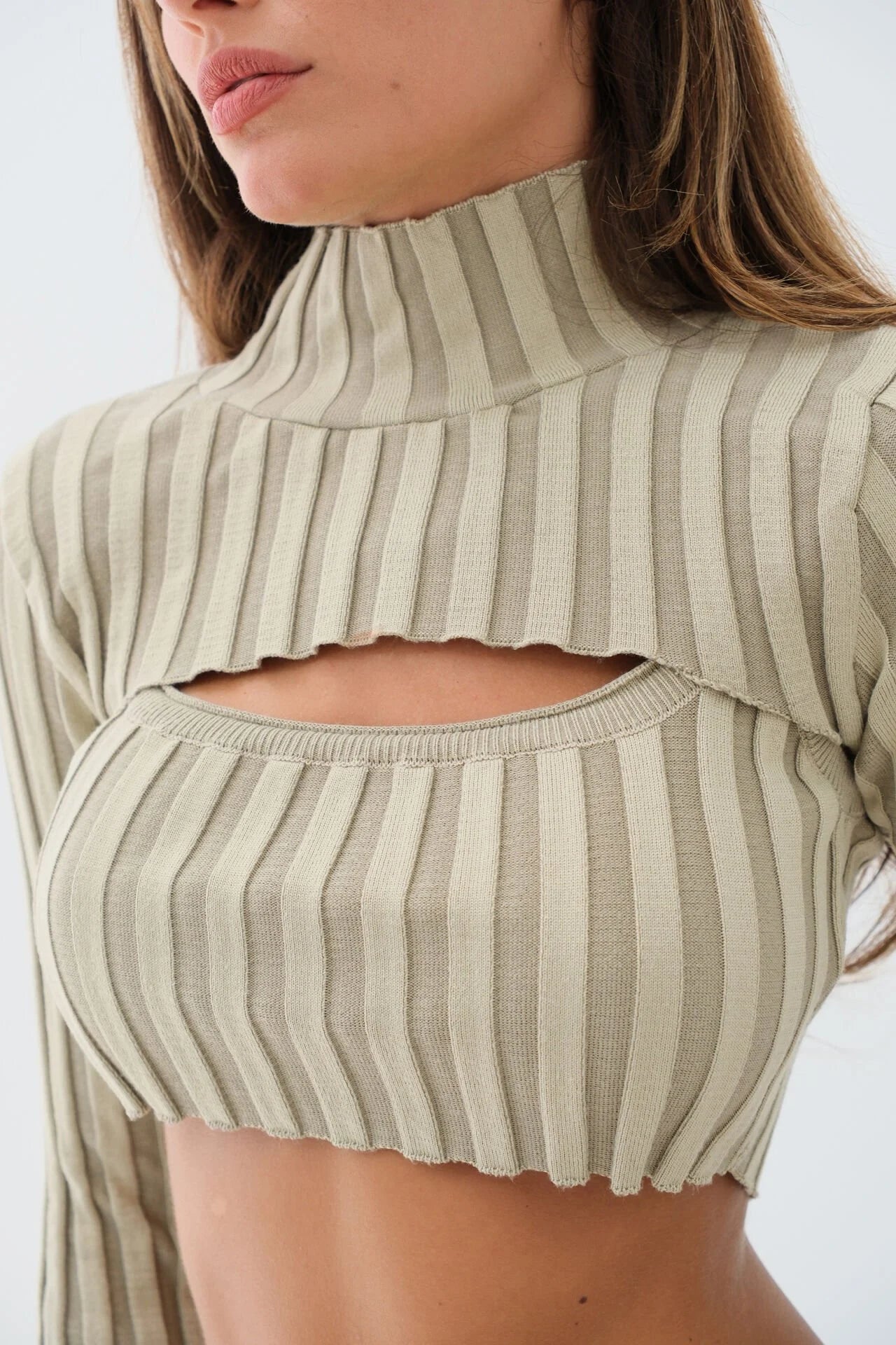 Turtleneck Beige Knit Crop Top