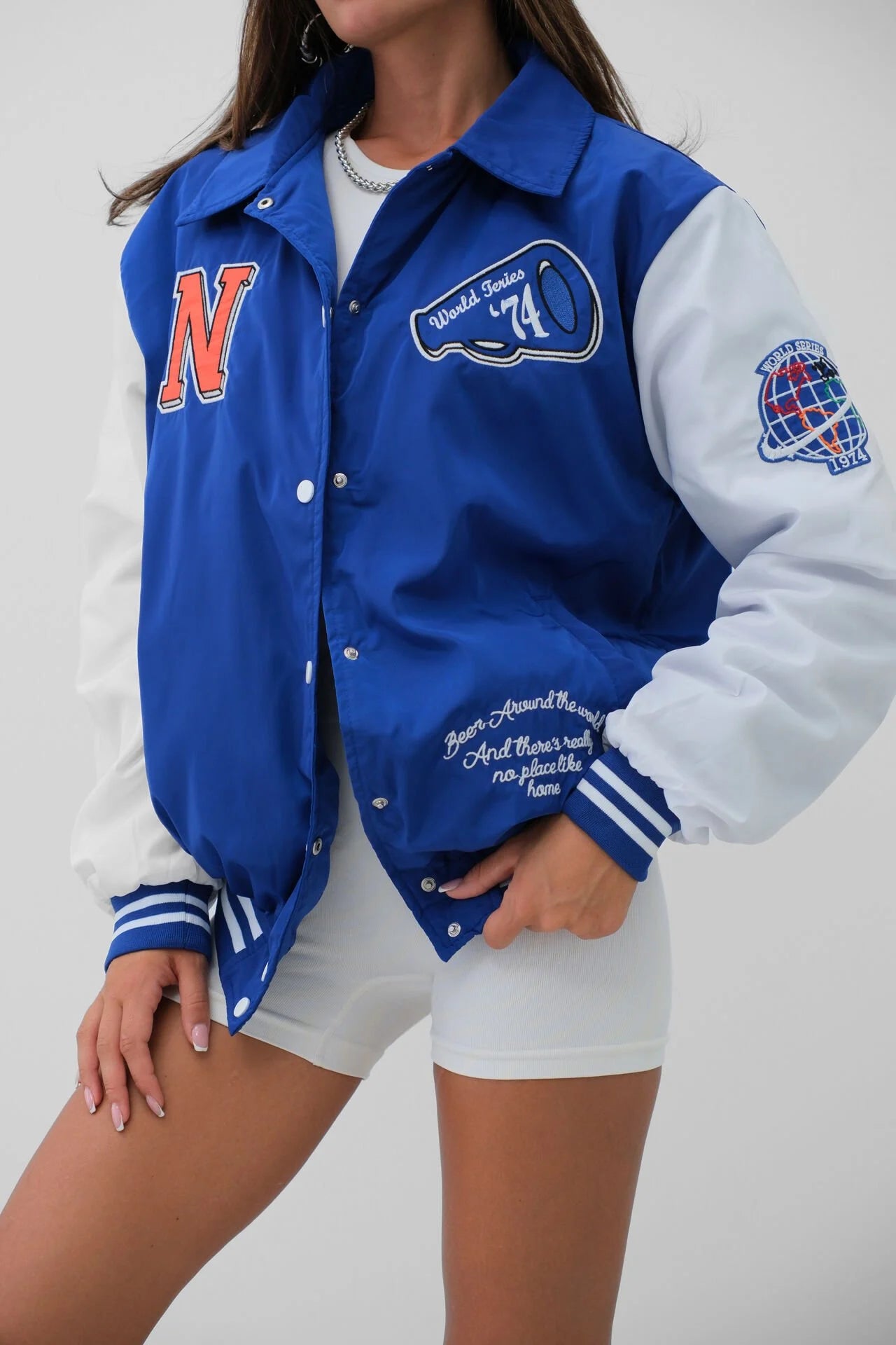 Oversized Cobalt Blue Polo-Collar Varsity Jacket