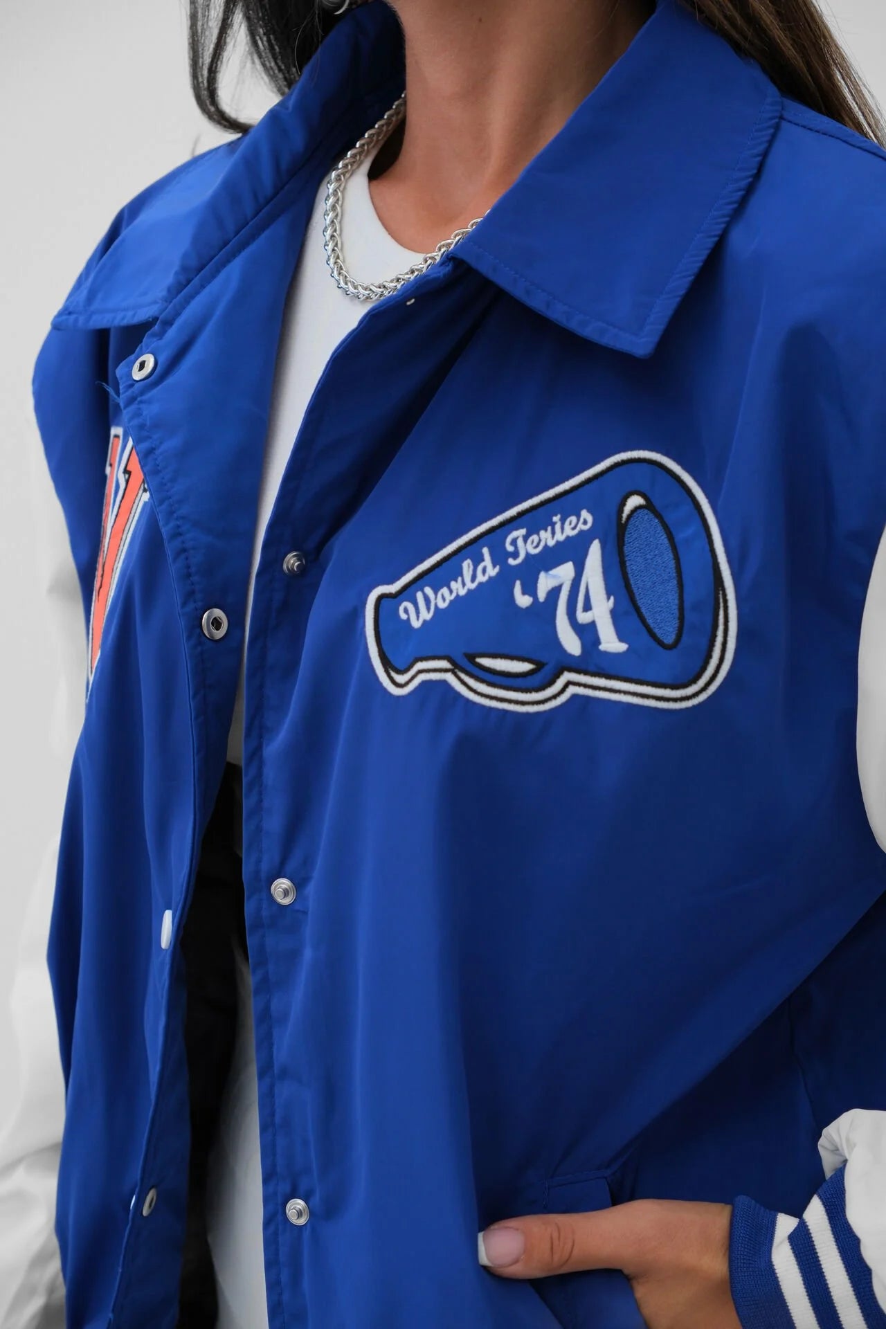 Oversized Cobalt Blue Polo-Collar Varsity Jacket