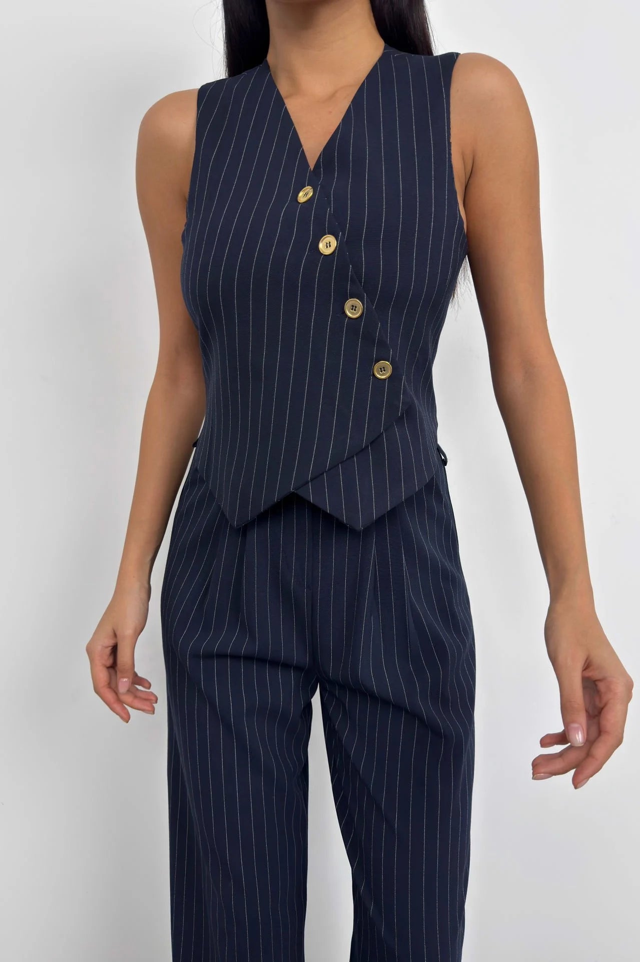 V-Neck Striped Navy Double-Breasted Vest