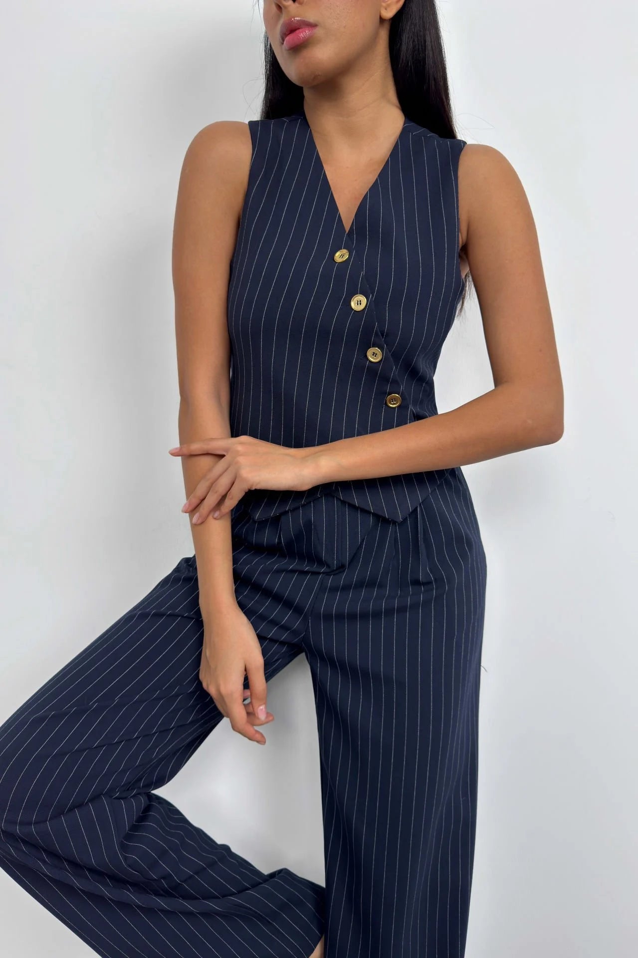 V-Neck Striped Navy Double-Breasted Vest