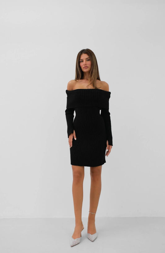 Off-Shoulder Midi Length Black Knit Dress