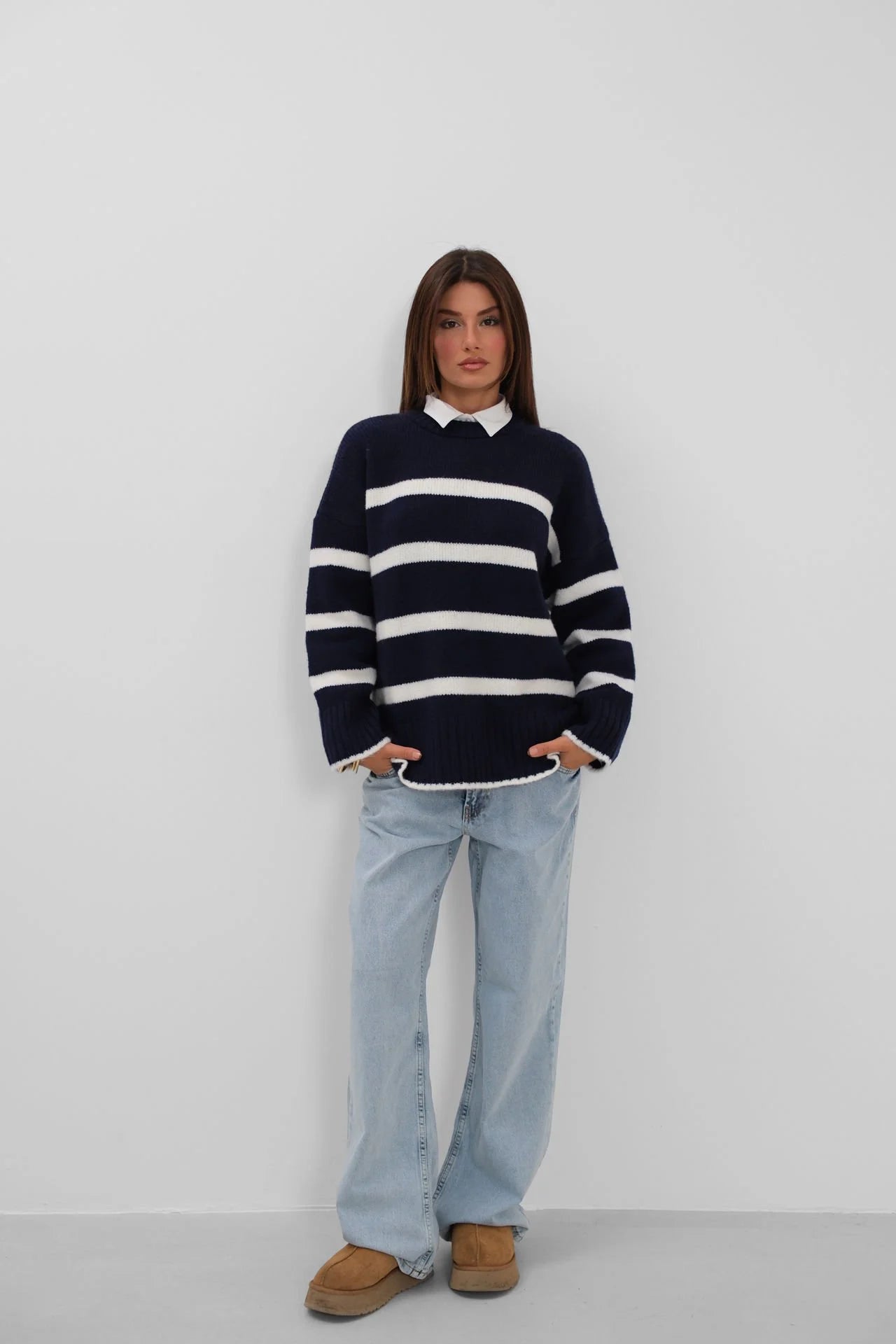 Striped Crew Neck Knit Navy Sweater