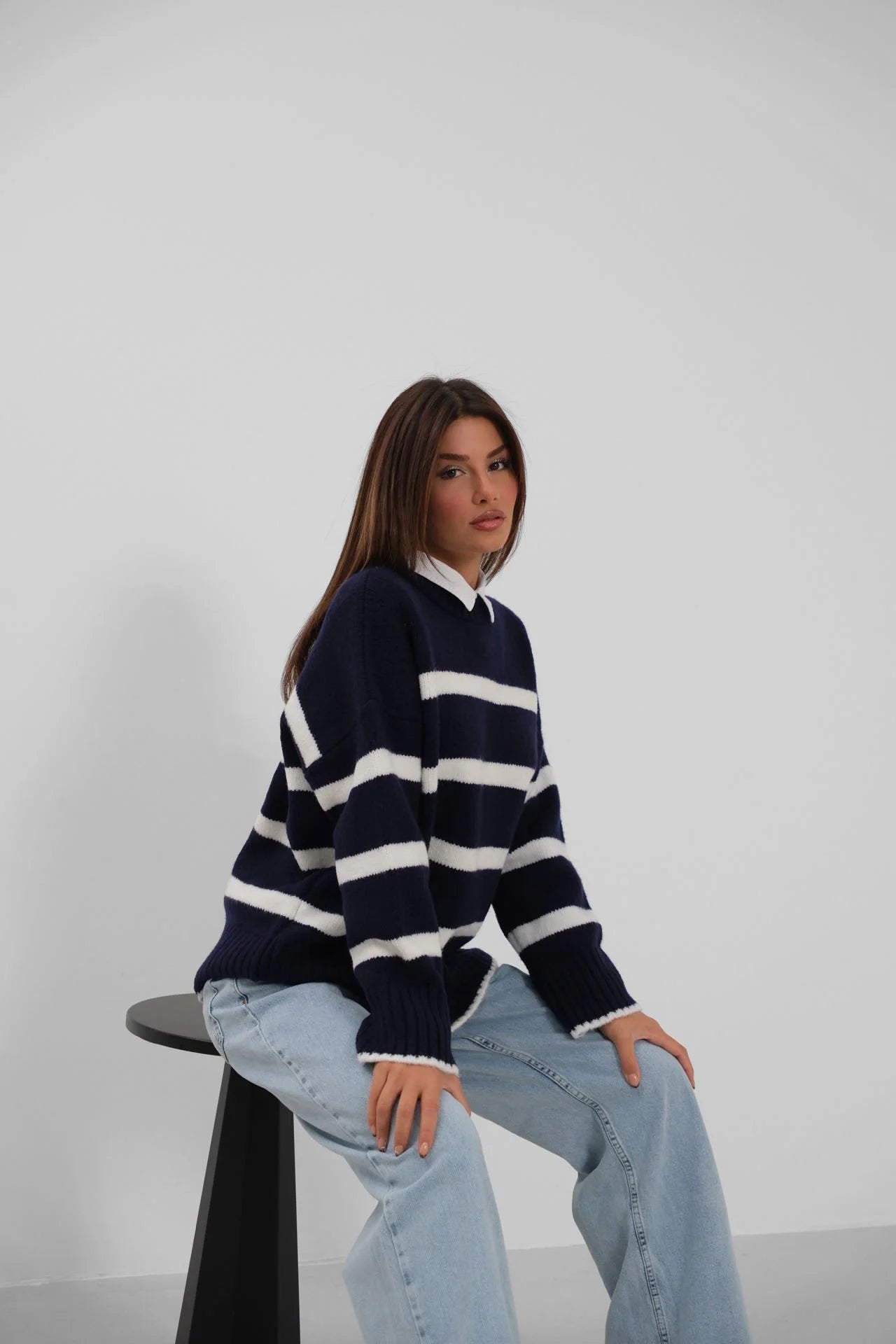 Striped Crew Neck Knit Navy Sweater