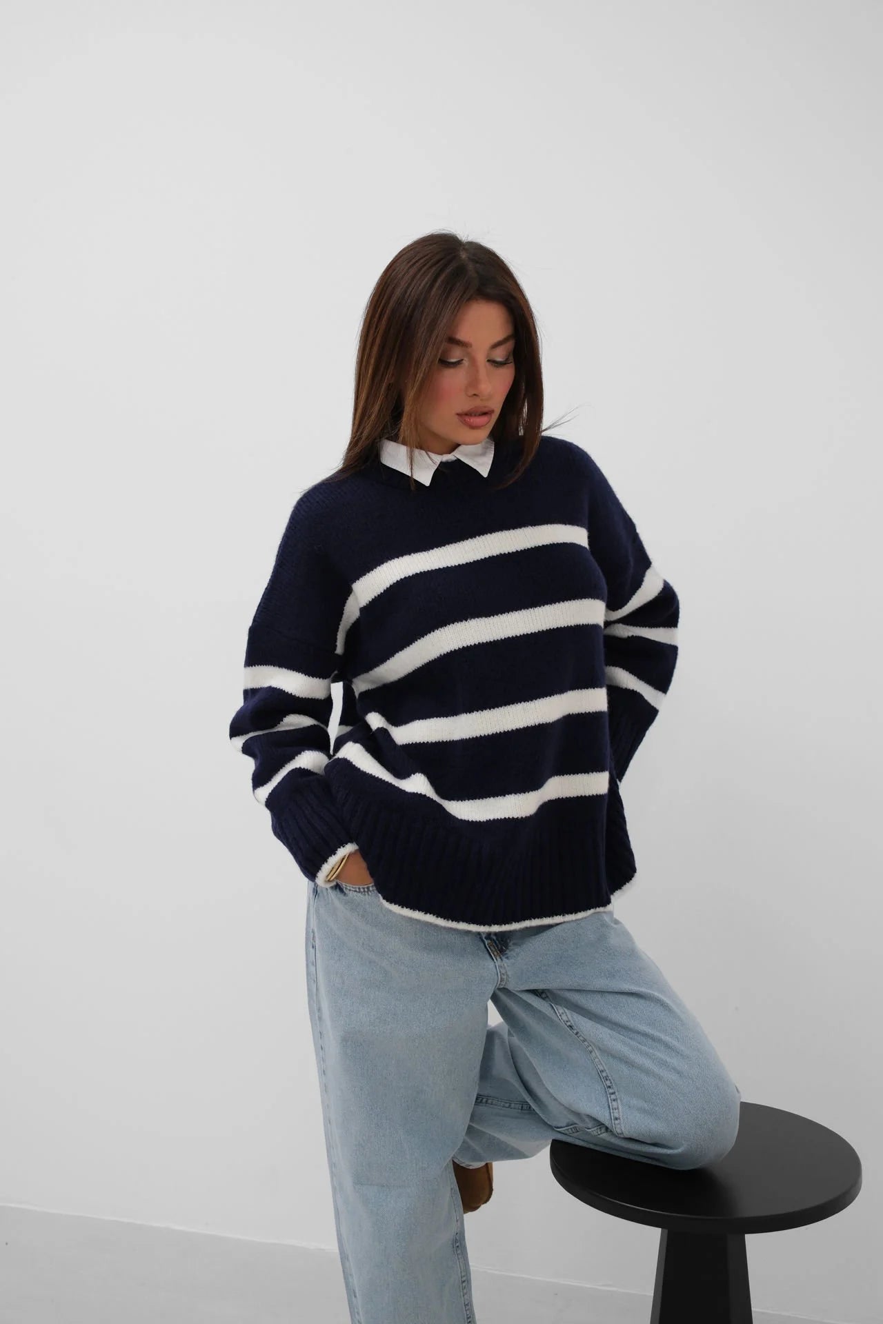 Striped Crew Neck Knit Navy Sweater