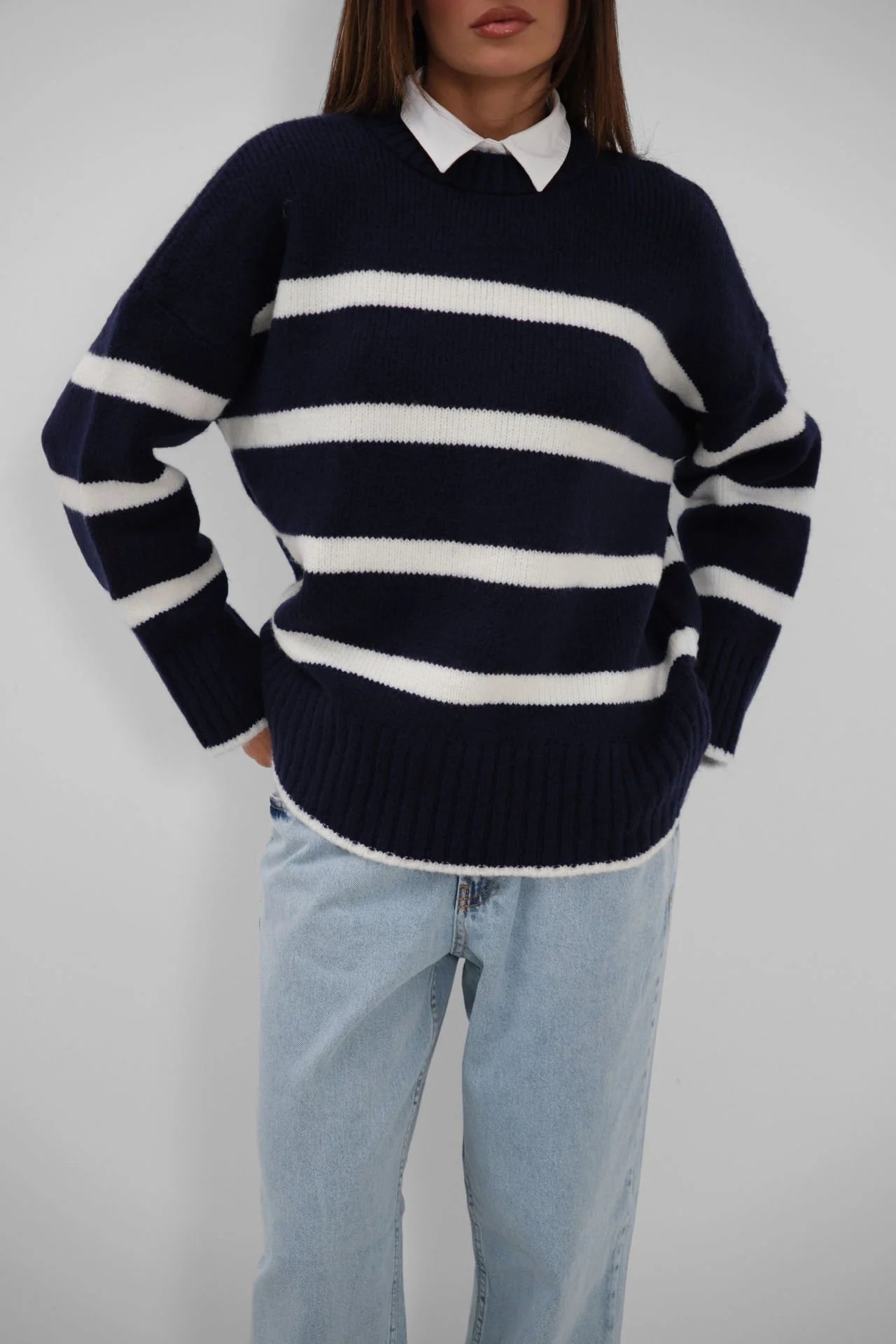 Striped Crew Neck Knit Navy Sweater