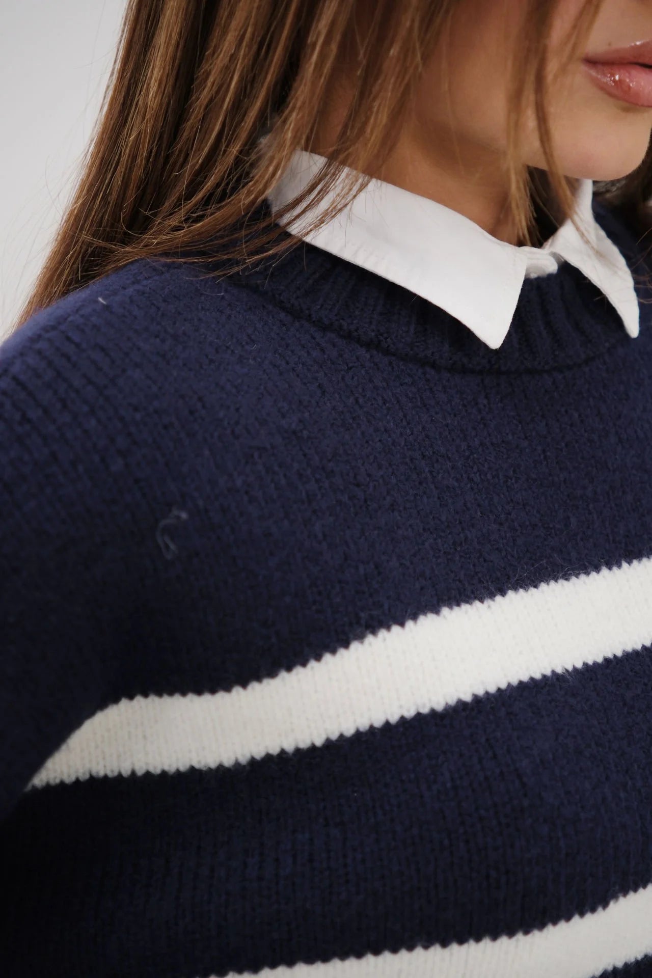 Striped Crew Neck Knit Navy Sweater