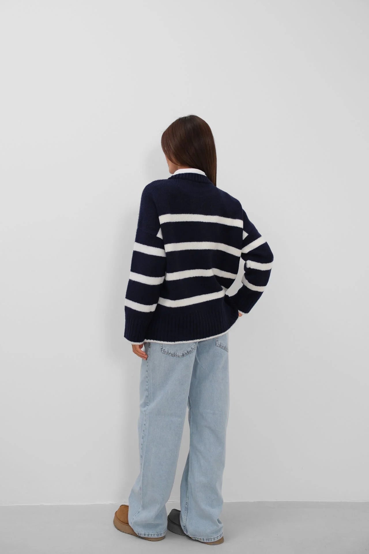 Striped Crew Neck Knit Navy Sweater