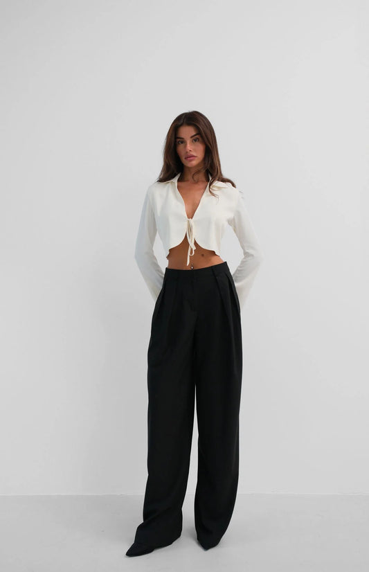 Double Pleated Wide Leg Black Trousers